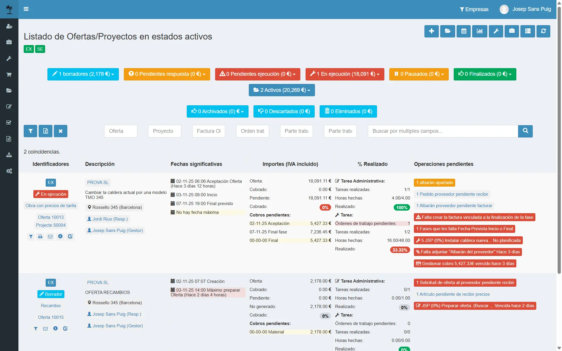 Captura: listado de ofertas/proyectosº