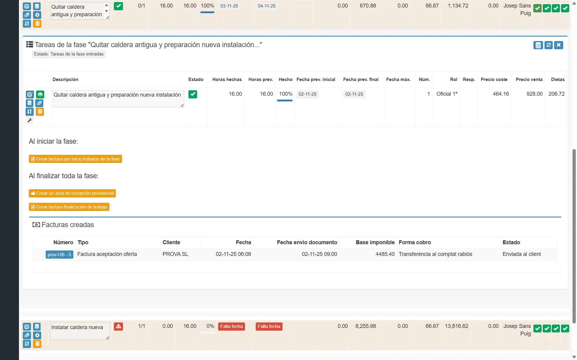 Captura: llistado de tareas de la fase